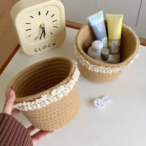 Detailed view of a minimalist woven desktop storage basket with white lace trim.