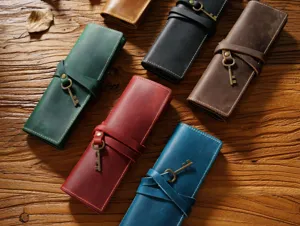 Retro genuine leather pencil case roll up retro stationery pouch multi color stylish stationery bag