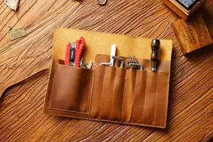 Crazy horse leather pen roll bag, vintage brown multi-slot stationery tool organizer wrap.