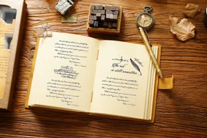 Χειροποίητο vintage σημειωματάριο από γνήσιο δέρμα με ρετρό σελίδες καλλιγραφίας, λεπτομέρεια