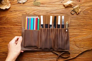 Genuine leather pencil roll up bag vintage pen holder case stationery organizer pouch