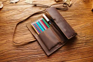 Vintage genuine leather roll-up pencil case creative multi-function stationery storage bag