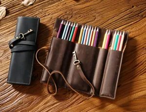 Vintage genuine leather pencil roll pouch, handmade retro cowhide roll up pencil case organizer.