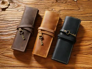 Vintage genuine leather roll pencil case detail, multi-function cowhide pen pouch in three colors.