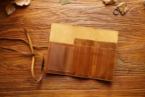 Genuine crazy horse leather roll up pencil case vintage rustic stationery organizer pouch