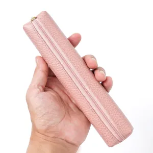 Astuccio per matite in pelle rosa minimalista, borsa di cancelleria cilindrica carina per bambini.