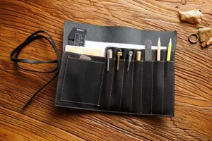 Vintage genuine leather roll up pencil case, handmade multi slot stationery storage bag.