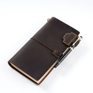 Vintage genuine leather traveler notebook with magnetic pen holder and bookmark clip detail.