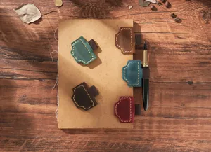 Leather magnetic pen clip and bookmark set, vintage crazy horse cowhide stationery accessory.