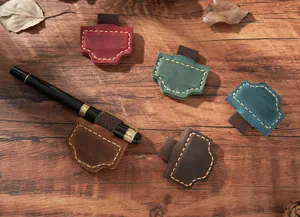 Handmade genuine leather magnetic pen clip vintage bookmark holder for notebook journal.