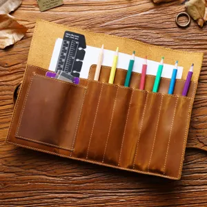 Vintage Crazy Horse Cowhide Leather Pencil Case Roll Up Pen Pouch Multi Slot Stationery Storage Bag For Office School