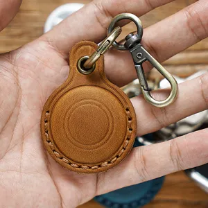 Genuine leather keychain protective case compatible with smart tracker, durable metal hook.