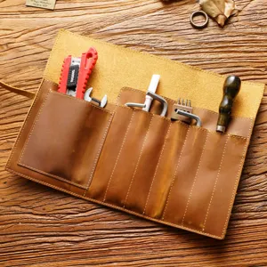 Vintage crazy horse leather roll pencil case multi-functional retro stationery bag.