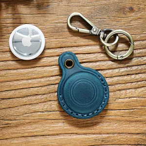 Blue Leather Protective Case and Metal Keychain for Apple AirTag Pet Tracker Top View