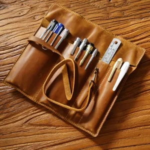 Vintage Genuine Leather Pencil Case Roll Up Pen Pouch Retro Cowhide Stationery Organizer Bag For Office School