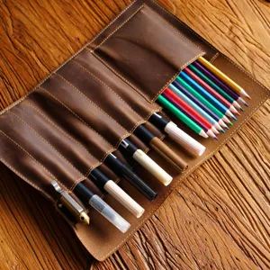 Genuine leather roll up pencil case vintage brown cowhide pen holder organizer pouch for stationery
