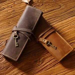 Vintage genuine leather roll pencil pouch multi-functional pencil bag for school.