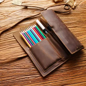 Vintage genuine leather pencil roll up case retro rustic stationery storage organizer pouch