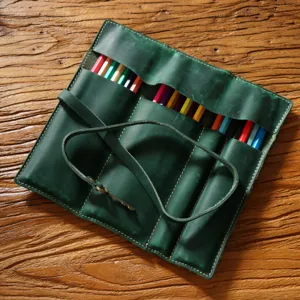 Vintage genuine leather roll pencil case, dark green pen wrap pouch with secure strap.