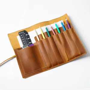 Genuine leather pencil roll up case vintage brown stationery organizer pouch for school office