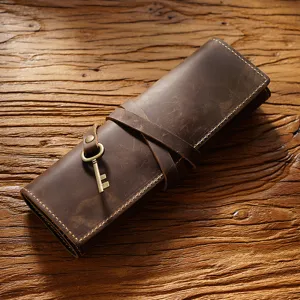 Vintage genuine leather roll-up pencil pouch minimalist retro cowhide pen case organizer bag