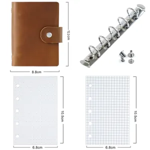 A8 Mini Leather Notebook Pocket Planner Loose Leaf Diary with Ring Binder and Grid Pages