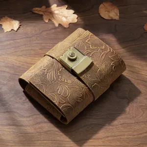 Handmade genuine leather A7 vintage notebook diary with lock and embossed floral design sketch plan