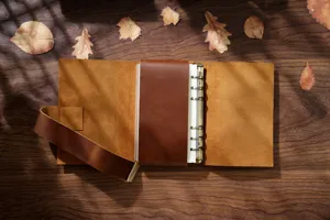 Handcrafted genuine leather A6 ring binder journal, vintage loose-leaf notebook sketch diary detail.
