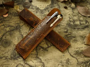Vintage embossed genuine leather pen sleeve handmade retro fountain pen storage case