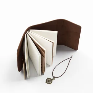 Nahaufnahme des Vintage Leder Notizbuchs mit mehreren Papiereinlagen und Kompassanhänger.