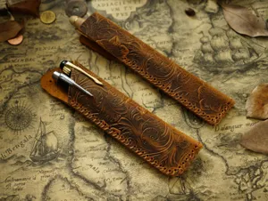 Handmade embossed genuine leather pen sleeve vintage protective case for fountain pens and tools.