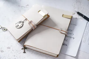 Quaderno da viaggio in pelle con clip metalliche e ciondoli per journaling e appunti.