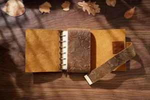 Vintage embossed leather journal detail, loose leaf planner notebook with floral cover.