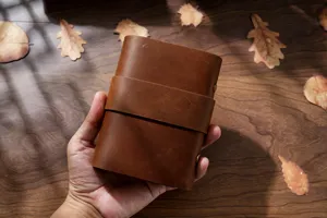 Vintage handmade cowhide leather notebook detail view, classic retro diary close-up shot.