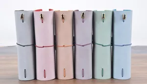 Dettaglio di quaderni da viaggio in pelle colorata con elastico in tonalità pastello.
