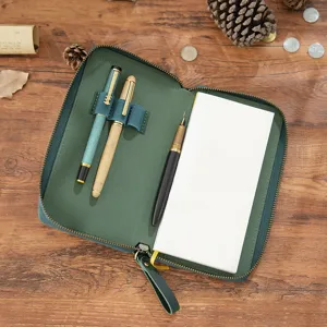 Echtes Rindsleder Reißverschluss Notizbuch Organizer Etui für Weeks in Dunkelgrün.