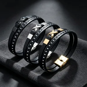 Heren Meerlaags Gevlochten Leer Titaanstaal Armband Oneindigheidssymbool Klinknagel Punk Hip Hop Mode Sieraden