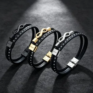 Heren meerlaags lederen gevlochten armband met roestvrijstalen oneindigheidssymbool.