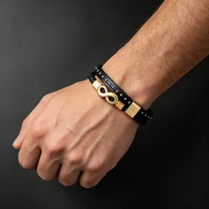 Heren zwart leer meerlaagse armband met gouden oneindigheidssymbool roestvrijstalen sluiting