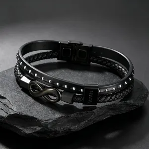 Heren armband van multi-layer gevlochten leer en titanium staal met oneindigheidssymbool.