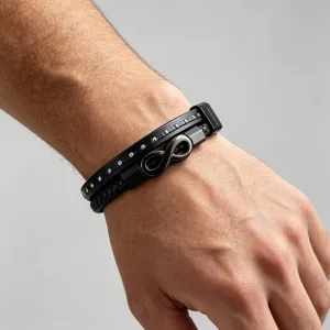 Heren zwart leer oneindigheid armband roestvrij staal klinknagel detail view sieraden