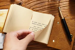Détail de carnet de notes miniature en cuir fait main avec du papier vieilli et un beau stylo.