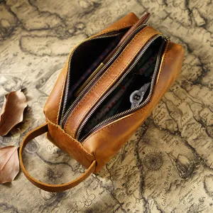 Vintage leather pencil case, double layer large capacity stationery pouch with handle for boys.