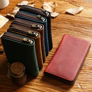 Vintage genuine leather zipper pencil case large capacity multi-color pen storage bag organizer