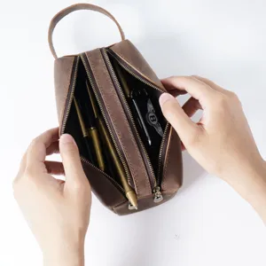 Genuine leather pencil case large capacity double zipper retro brown pen pouch stationery