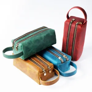 Genuine leather pencil case with double layer large capacity retro stationery storage bag
