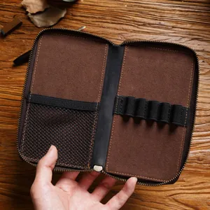 Retro leather zipper fountain pen case, multi-slot vintage cowhide pencil storage bag organizer.