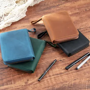 A6 leather zipper notebook cover grain cowhide journal planner binder with hand strap multi color