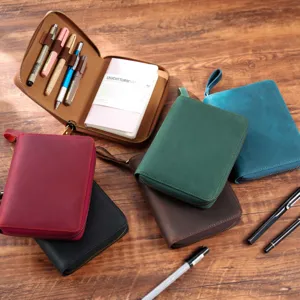 A6 leather zipper notebook cover planner organizer with pen holder slots and multi colors.