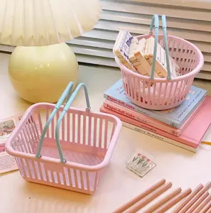 Cute Plastic Storage Basket Desktop Makeup Stationery Organizer Small Portable Hollow Storage Basket Home Office Organization